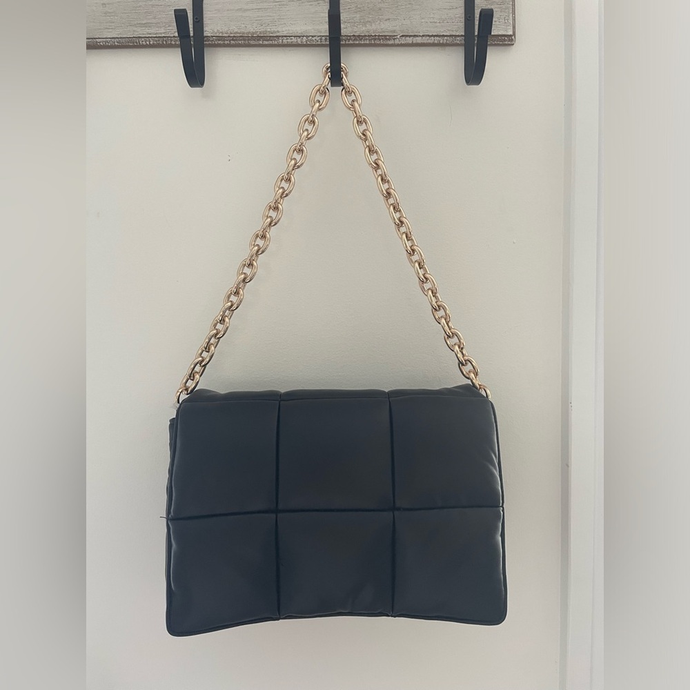 Black Quilted Puffy Vegan Leather Shoulder Bag with Gold Chain Strap - Picture 2 of 7